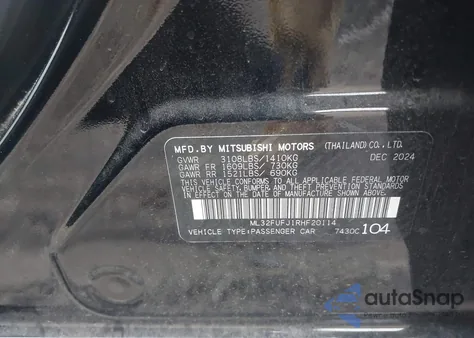 2024 Mitsubishi Mirage G4 Es/G4 Le/G4 Black Edition из США, поврежденный, VIN ML32FUFJ1RHF20114